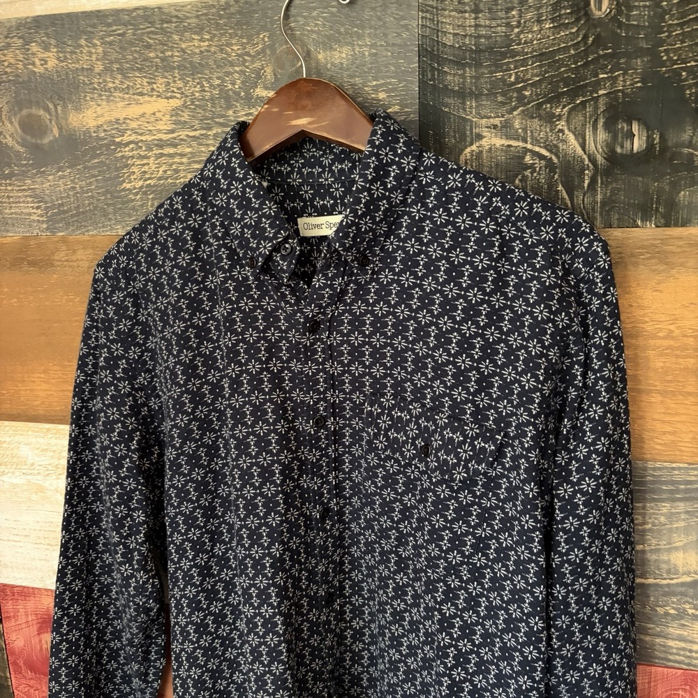 Oliver Spencer Club Collar Button Up Shirt Blue Geometric Print Mens Size Small - Picture 2 of 7